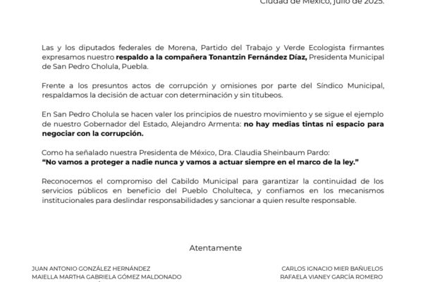 Diputadas y diputados federales de Morena, el Partido del Trabajo (PT) y el Partido Verde Ecologista de México (PVEM), expresaron su total respaldo a la presidenta municipal Tonantzin Fernández, ante los hechos que involucran al síndico municipal Iván Cuautle Minutti en presuntos actos de corrupción.