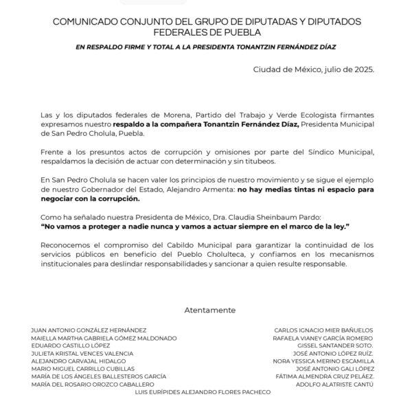 Diputadas y diputados federales de Morena, el Partido del Trabajo (PT) y el Partido Verde Ecologista de México (PVEM), expresaron su total respaldo a la presidenta municipal Tonantzin Fernández, ante los hechos que involucran al síndico municipal Iván Cuautle Minutti en presuntos actos de corrupción.