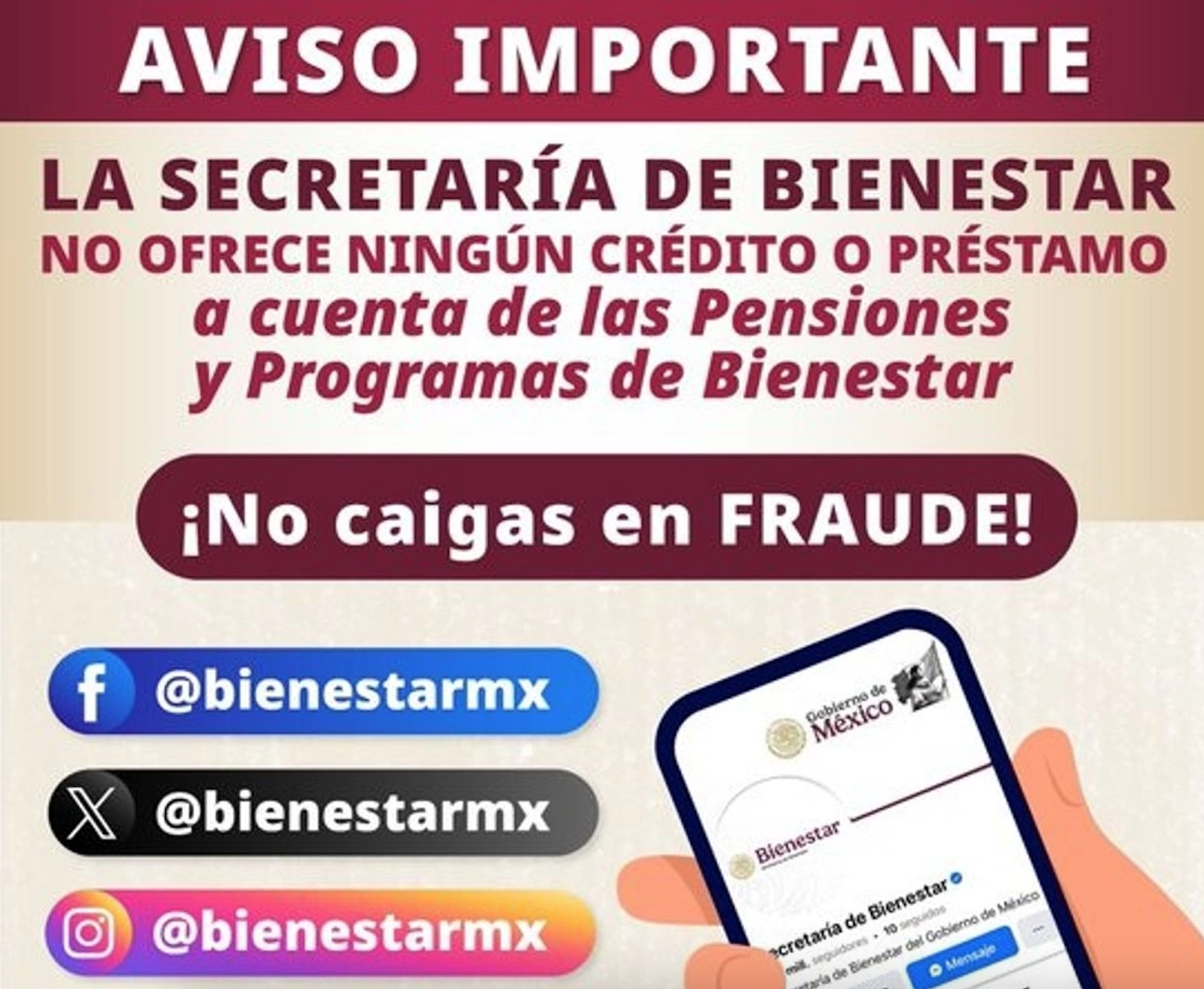 Bienestar alerta sobre fraudes en programas sociales y pensiones.