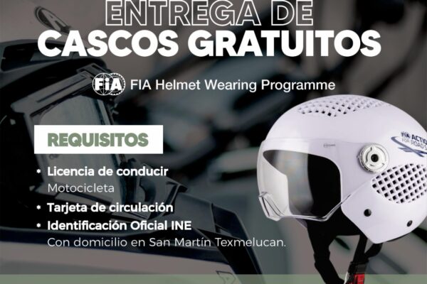Para fomentar la seguridad vial y prevenir accidentes, el gobierno de San Martín Texmelucan, junto con ANA y FIA Foundation, entregará 75 cascos a motociclistas locales.