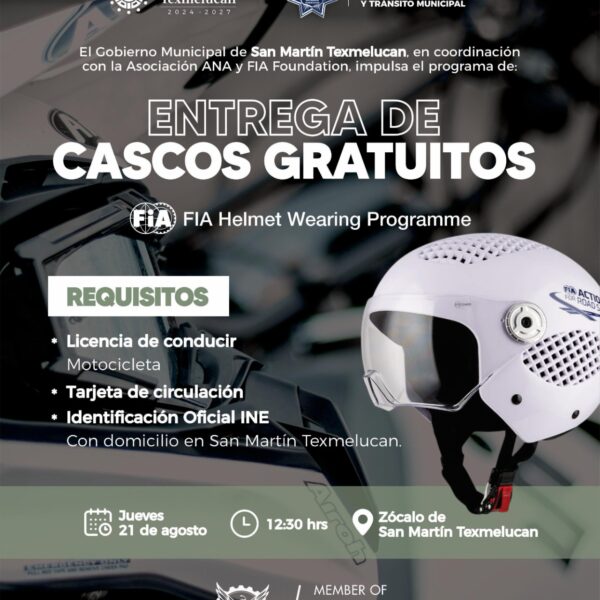 Para fomentar la seguridad vial y prevenir accidentes, el gobierno de San Martín Texmelucan, junto con ANA y FIA Foundation, entregará 75 cascos a motociclistas locales.