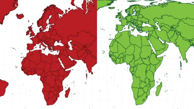 La Unión Africana se une a Correct The Map para que los mapas dejen de mostrar a África más pequeño de lo que realmente es y promuevan representaciones más precisas del continente. Foto: BBC.
