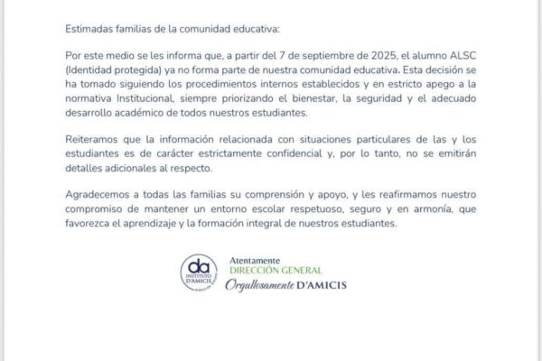 Tras la presión de madres y padres de familia, el Instituto D’amicis informó la baja definitva del estudiante Alexis N.