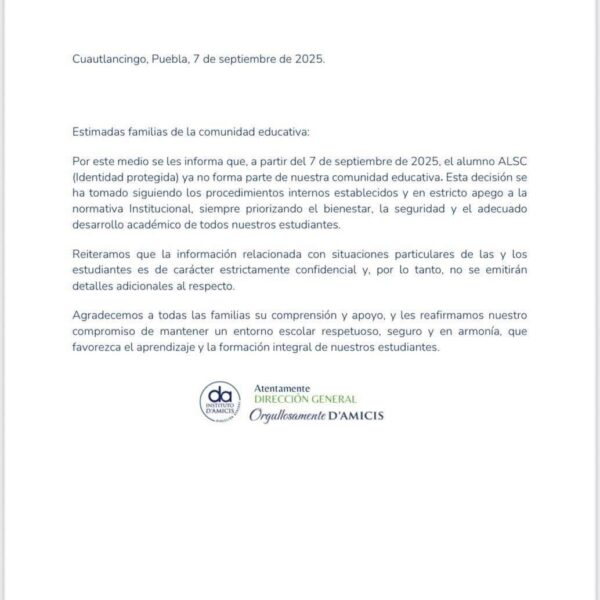 Tras la presión de madres y padres de familia, el Instituto D’amicis informó la baja definitva del estudiante Alexis N.
