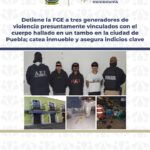 Fueron detenidos 3 hombres presuntamente vinculados al hallazgo de un cuerpo cerca del Mercado 5 de Mayo. Además, les decomisaron 60 bolsas de mariguana y aseguraron un inmueble relacionado con los hechos. Imagen: FGE Puebla.