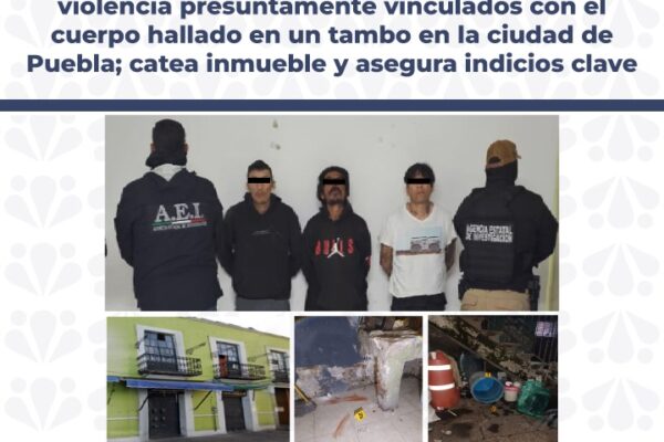 Fueron detenidos 3 hombres presuntamente vinculados al hallazgo de un cuerpo cerca del Mercado 5 de Mayo. Además, les decomisaron 60 bolsas de mariguana y aseguraron un inmueble relacionado con los hechos. Imagen: FGE Puebla.