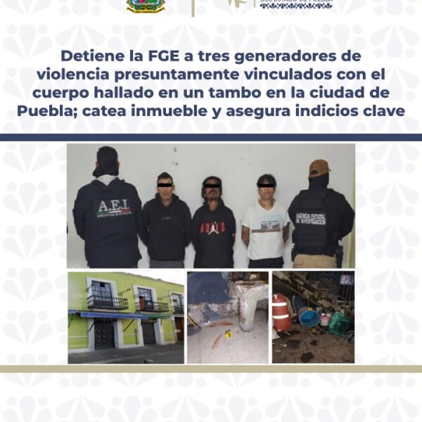 Fueron detenidos 3 hombres presuntamente vinculados al hallazgo de un cuerpo cerca del Mercado 5 de Mayo. Además, les decomisaron 60 bolsas de mariguana y aseguraron un inmueble relacionado con los hechos. Imagen: FGE Puebla.