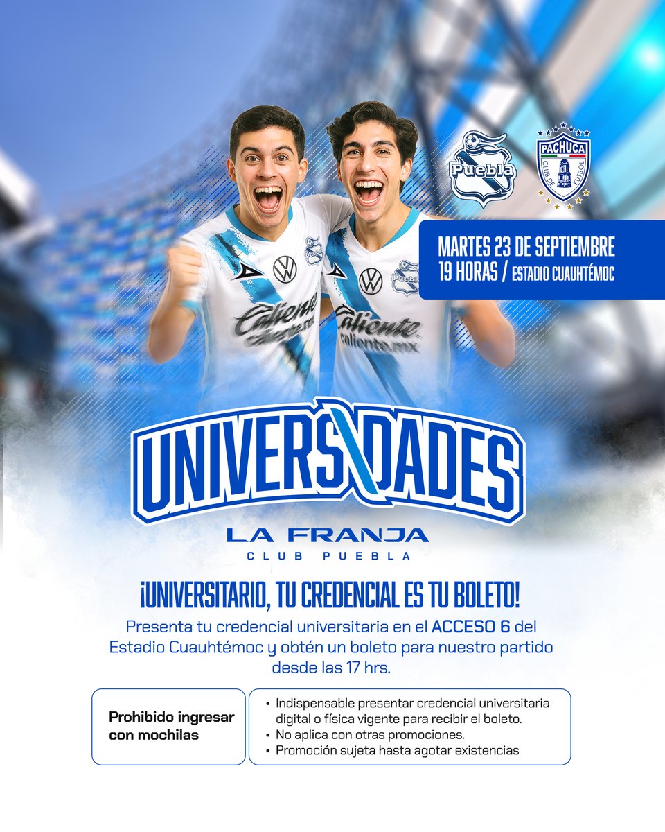 Hoy entras gratis para ir a ver al Puebla vs Pachuca. Presenta tu credencial vigente, física o digital, en el Acceso 6 y ya estas dentro. Imagen: Club Puebla FC.