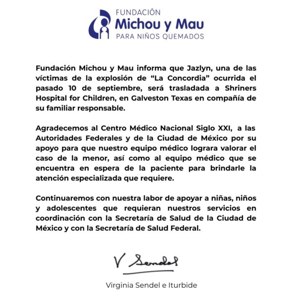 La bebé Jazlyn Azulet, sobreviviente de la explosión de Iztapalapa, fue trasladada a Shriners Hospitals for Children, en Texas, para recibir atención especializada.