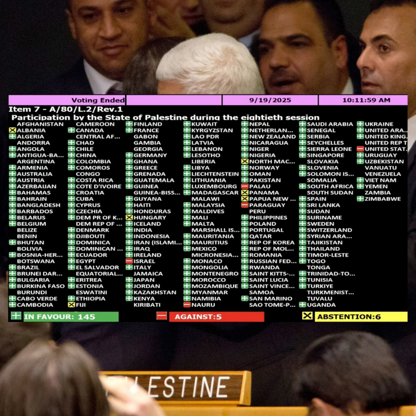 La ONU aprobó que Palestina participe por videoconferencia en su 80ª Asamblea General; la medida fue respaldada por 145 países.