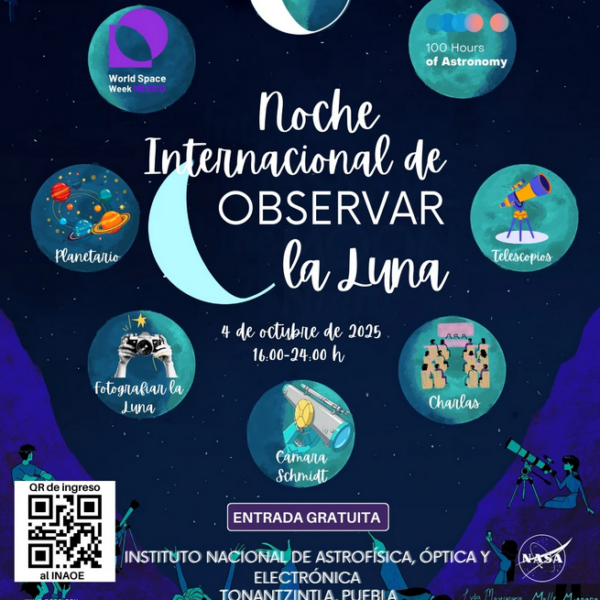 El INAOE se suma a la Noche Internacional de Observación de la Luna 2025 el 4 de octubre en Santa María Tonantzintla, Puebla. Imagen: INAOEP.mx