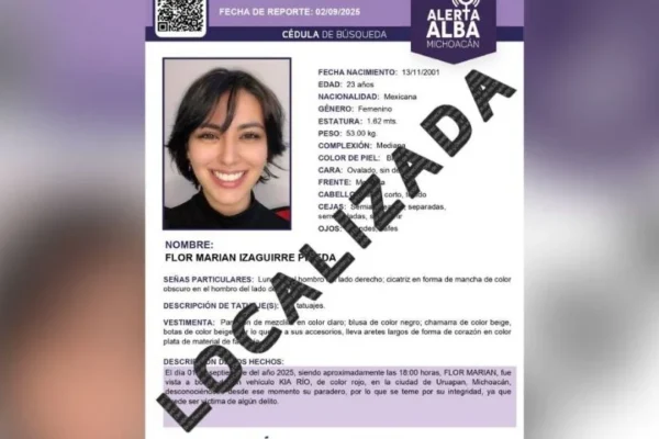 La creadora de contenidos Marian Izaguirre fue localizada con vida en Morelia tras cinco días desaparecida, confirmó la Fiscalía de Michoacán. imagen: Fiscalía de Michoacán.