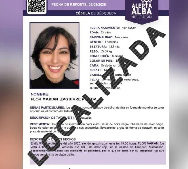 La creadora de contenidos Marian Izaguirre fue localizada con vida en Morelia tras cinco días desaparecida, confirmó la Fiscalía de Michoacán. imagen: Fiscalía de Michoacán.