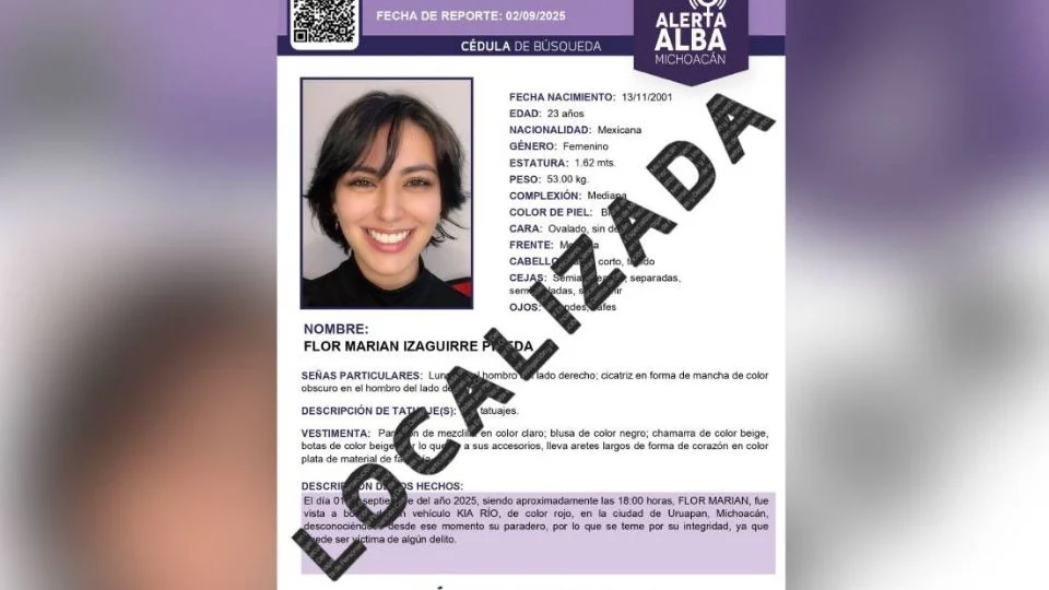 Encuentran con vida a Marian Izaguirre en Morelia tras cinco días desaparecida en Uruapan; otras dos mujeres siguen desaparecidas.
