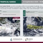 El SMN reportó la formación de la tormenta tropical Narda en el Pacífico, cuyas bandas nubosas provocarán lluvias intensas en Guerrero y Oaxaca, además de oleaje elevado en la región. Imagen: CONAGUA.