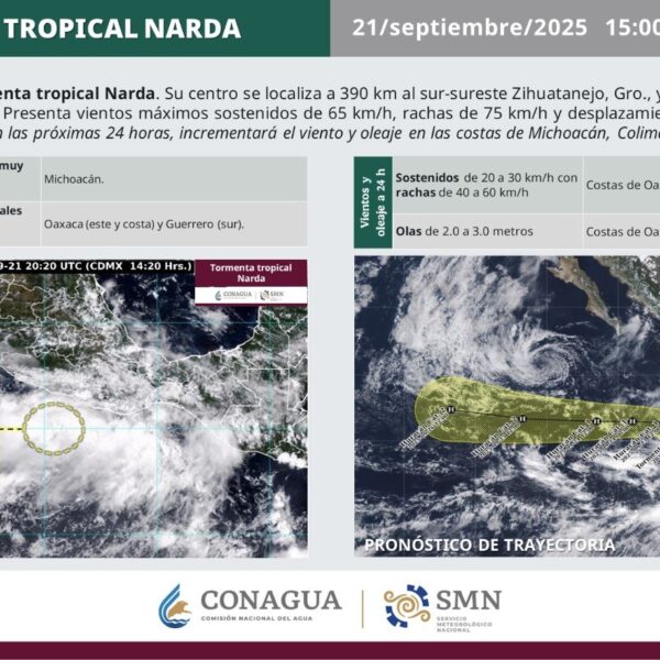 El SMN reportó la formación de la tormenta tropical Narda en el Pacífico, cuyas bandas nubosas provocarán lluvias intensas en Guerrero y Oaxaca, además de oleaje elevado en la región. Imagen: CONAGUA.