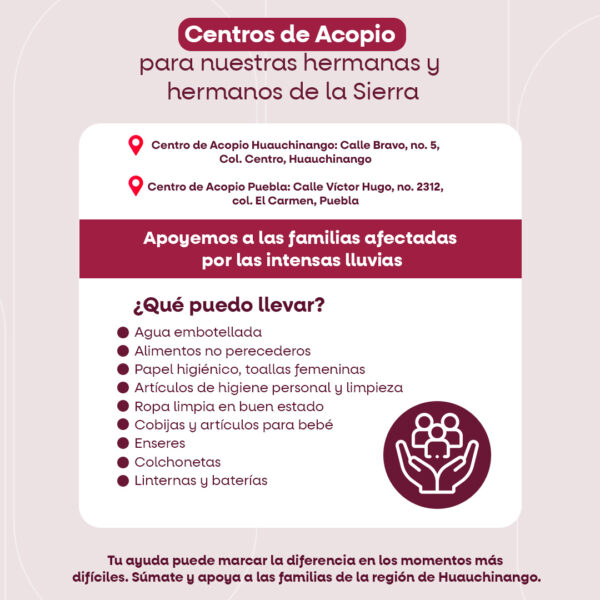 Gissel Santander impulsa centros de acopio y coordina ayuda para las familias damnificadas por las lluvias en la Sierra Norte de Puebla.
