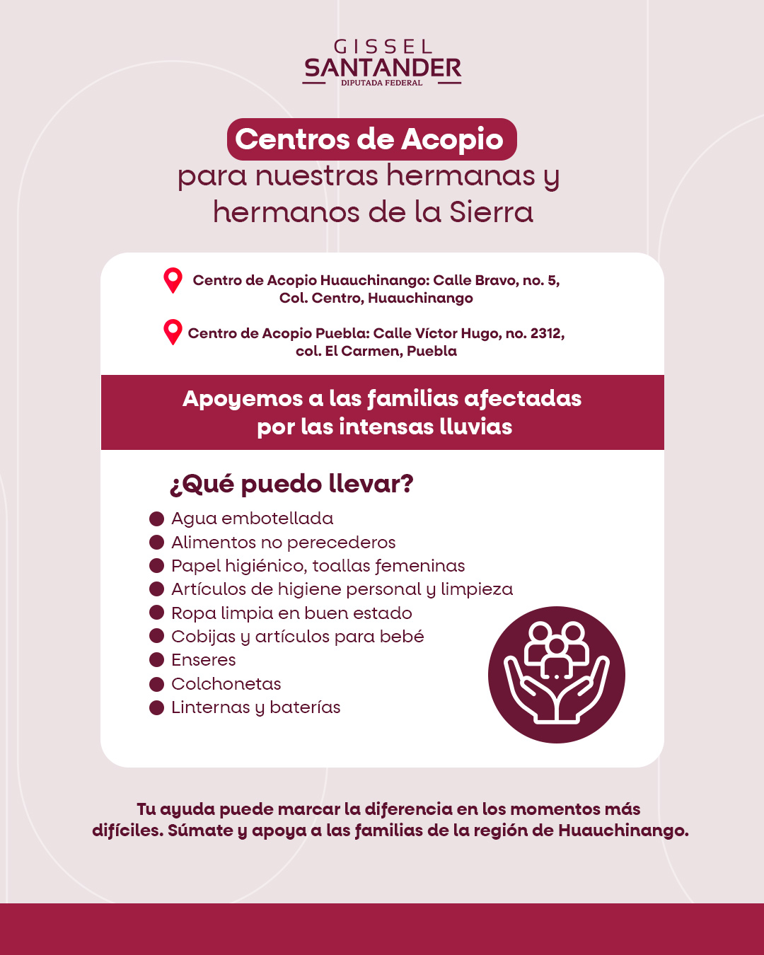 Gissel Santander coordina apoyo a familias afectadas por lluvias en la Sierra Norte de Puebla