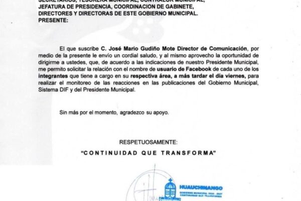 Ayuntamiento de Huauchinango pide a trabajadores entregar sus usuarios de Facebook para “monitorear reacciones”. La filtración ocurre en plena crisis por lluvias y tras el regaño de Sheinbaum al alcalde.