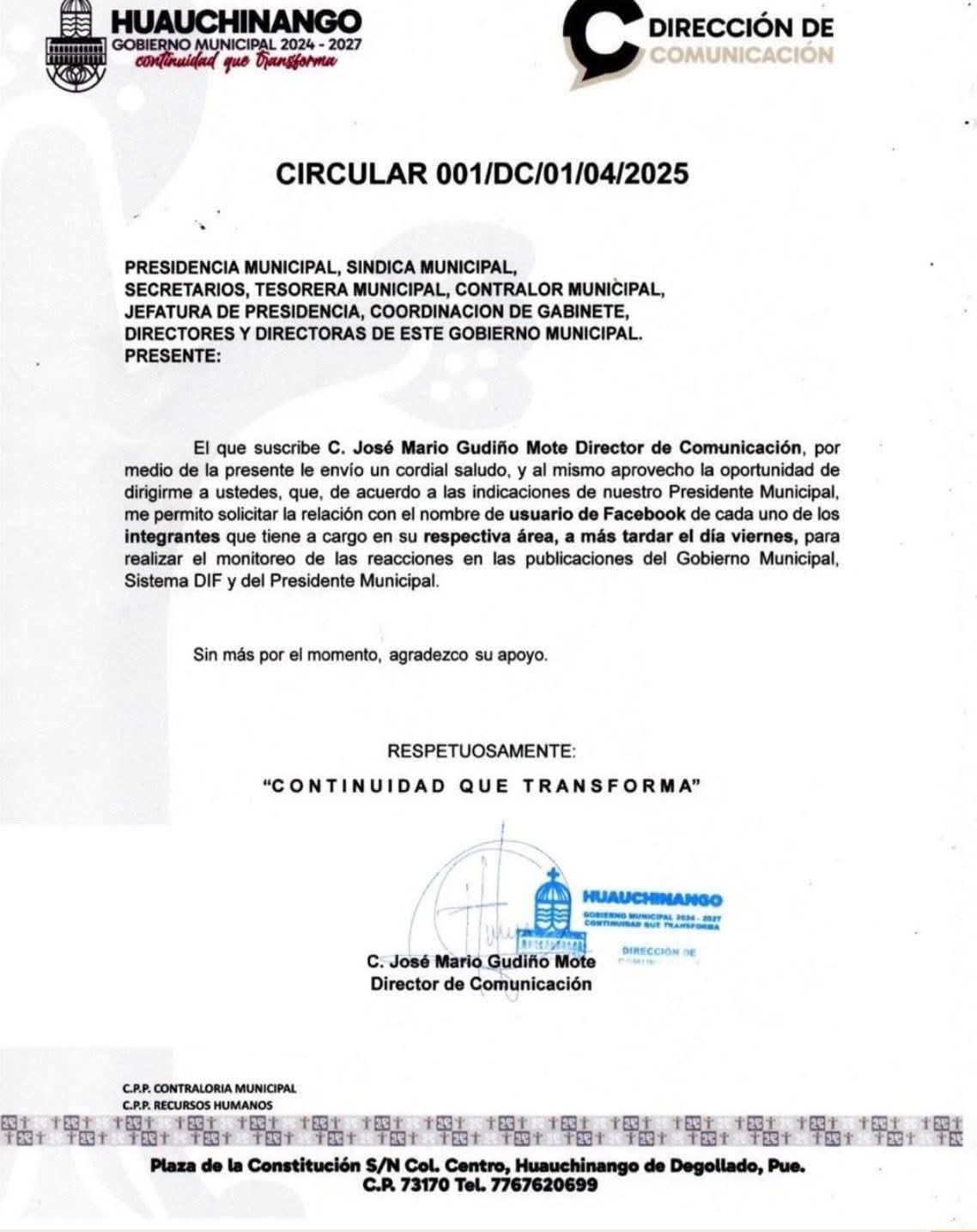 Ayuntamiento de Huauchinango pide a trabajadores entregar sus usuarios de Facebook para “monitorear reacciones”. La filtración ocurre en plena crisis por lluvias y tras el regaño de Sheinbaum al alcalde.