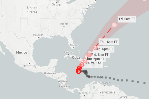 El huracán Melissa alcanzó la categoría 5 y se aproxima a Jamaica con vientos de 260 km/h, lluvias torrenciales y riesgo extremo de inundaciones y deslaves. IMAGEN: Maps Box.