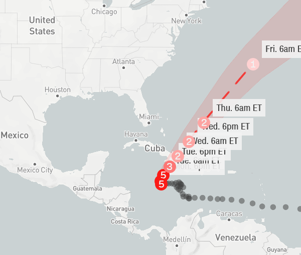 El huracán Melissa alcanzó la categoría 5 y se aproxima a Jamaica con vientos de 260 km/h, lluvias torrenciales y riesgo extremo de inundaciones y deslaves. IMAGEN: Maps Box.