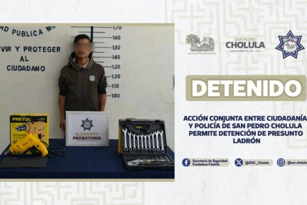 Gracias a la colaboración vecinal y la rápida acción de la Policía de San Pedro Cholula, se logró detener a un hombre señalado por robo a comercio en la Junta Auxiliar de Rafael Ávila Camacho.