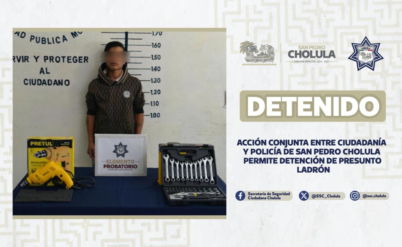 Detienen a presunto responsable de robo a ferretería en Rafael Ávila Camacho, San Pedro Cholula