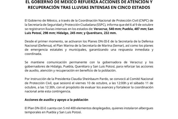 La Coordinación Nacional de Protección Civil confirmó que suman 41 personas fallecidas y 27 desaparecidas por las lluvias en cinco estados del país. Las autoridades federales y fuerzas armadas mantienen el Plan DN-III-E en fase de auxilio para atender a la población afectada.