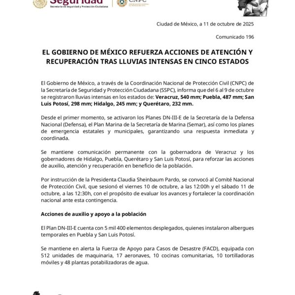 La Coordinación Nacional de Protección Civil confirmó que suman 41 personas fallecidas y 27 desaparecidas por las lluvias en cinco estados del país. Las autoridades federales y fuerzas armadas mantienen el Plan DN-III-E en fase de auxilio para atender a la población afectada.