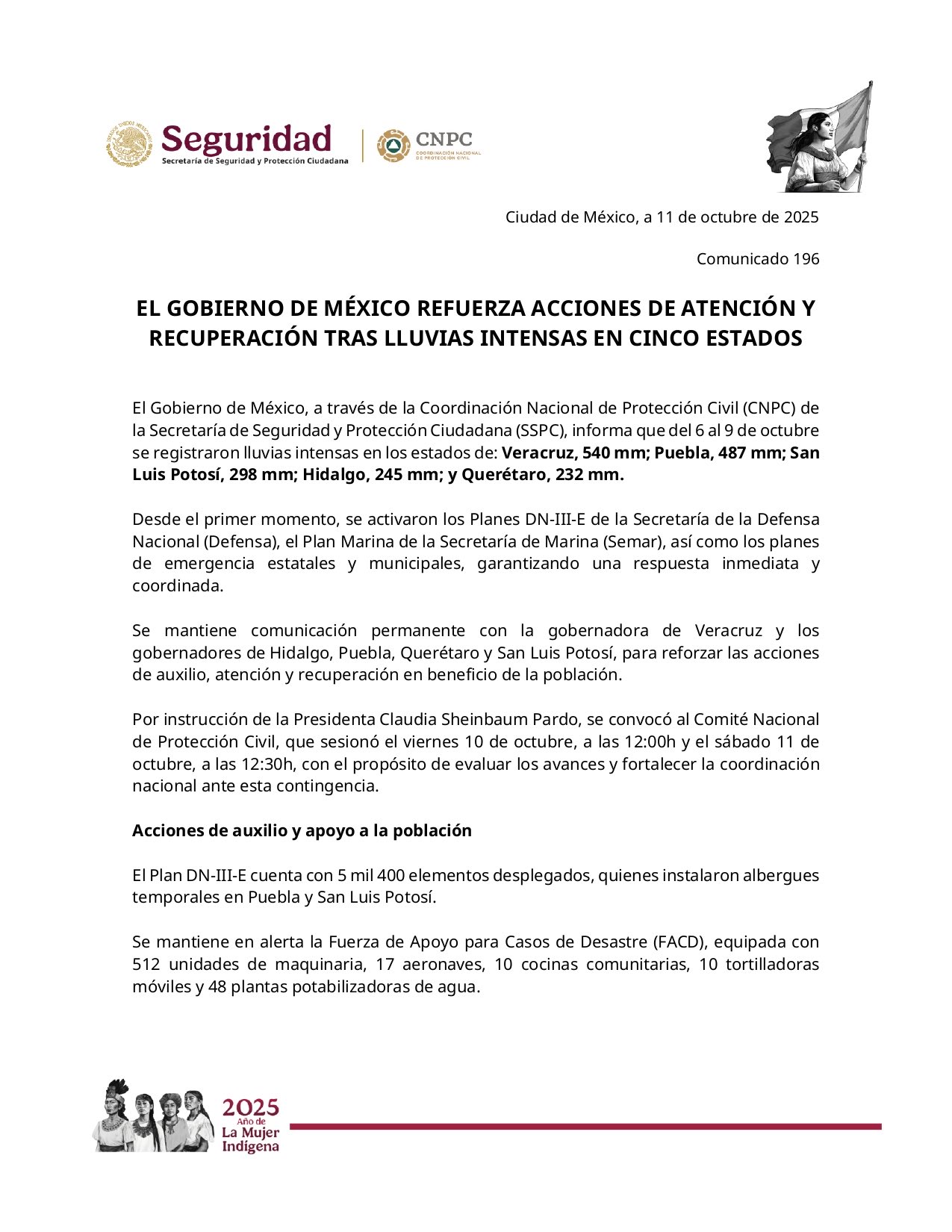 Suman 41 personas fallecidas y 27 desaparecidas por lluvias en cinco estados: CNPC