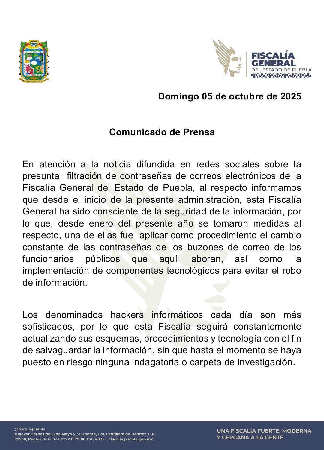 Fiscalía de Puebla niega riesgo tras filtración de contraseñas de correos oficiales