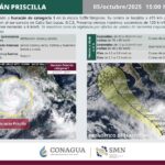 La tormenta tropical Priscilla se intensificó a huracán categoría 1 frente a las costas de Jalisco, provocando lluvias torrenciales en el Pacífico central mexicano. Imagen: CONAGUA.