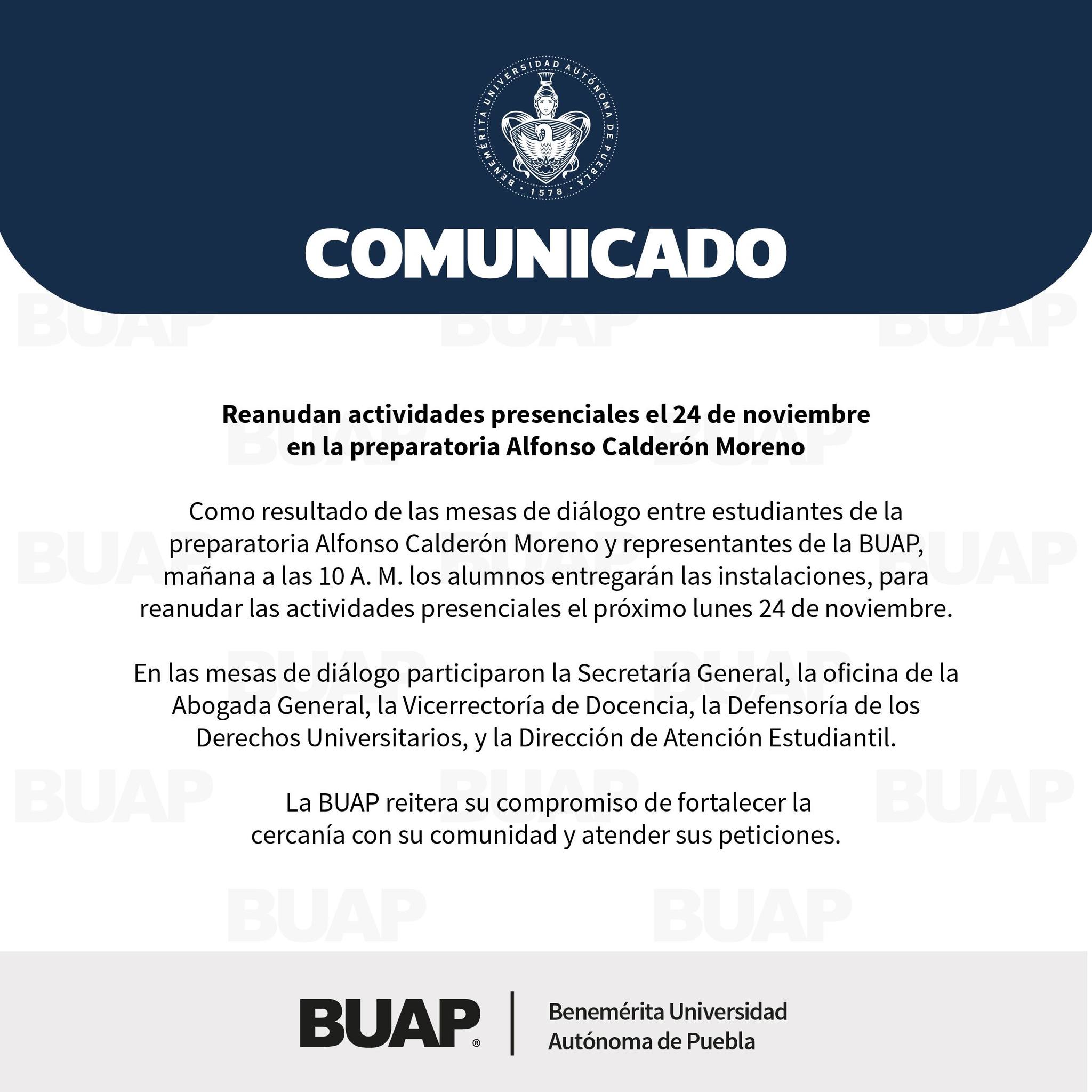 Tras casi un mes de paro, alumnos de la Prepa Calderón entregan instalaciones y BUAP reanudará clases el lunes