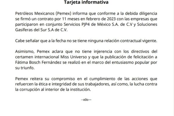 Pemex niega influencia en Miss Universo. Foto: Pemex.