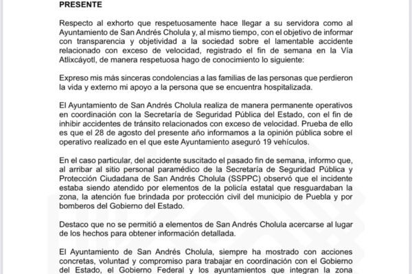 San Andrés Cholula responde a señalamientos por el accidente en Vía Atlixcáyotl y asegura coordinación con autoridades estatales tras el llamado del Gobierno del Estado.