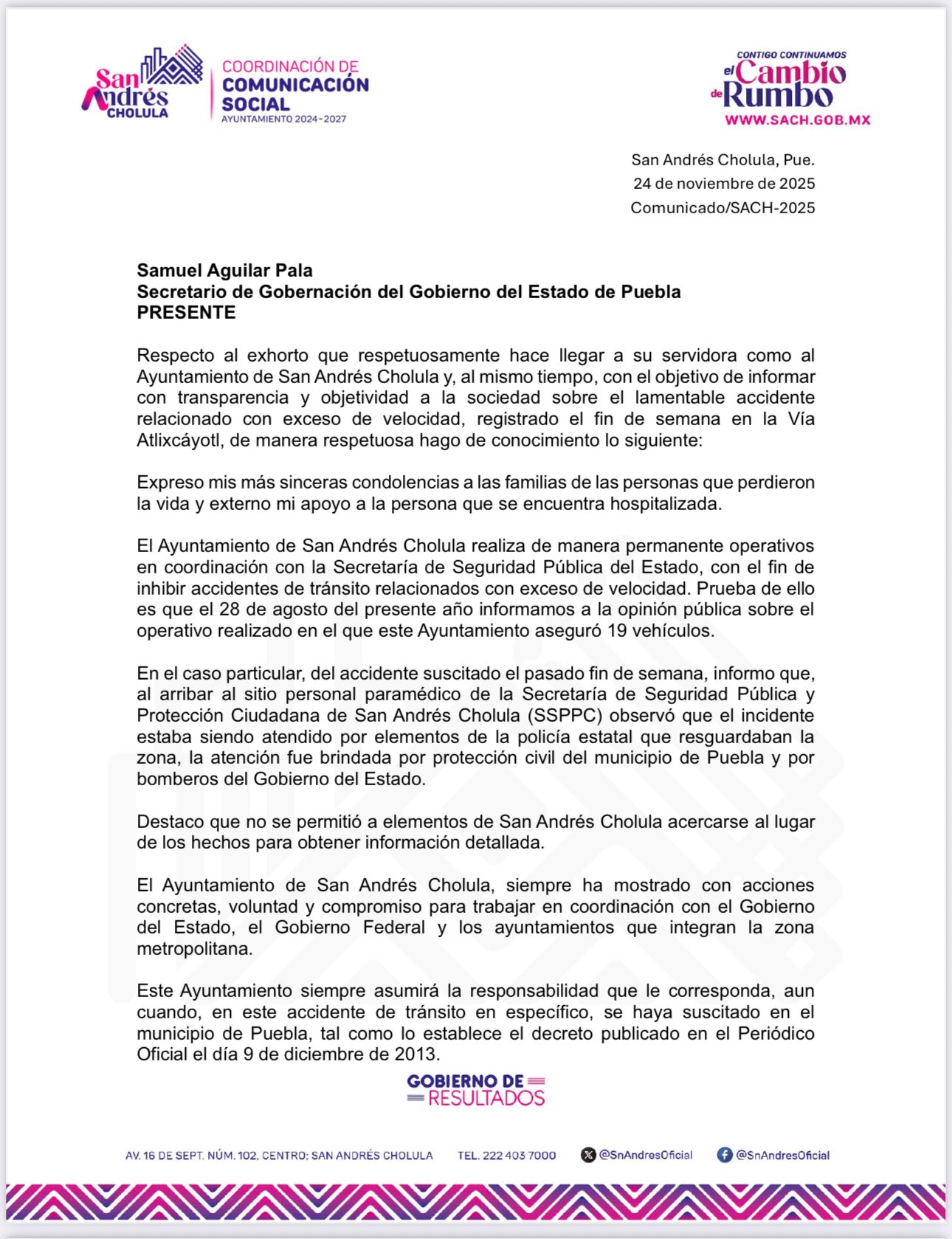 Cuautle aclara límites y promete coordinación tras críticas por accidente en Vía Atlixcáyotl
