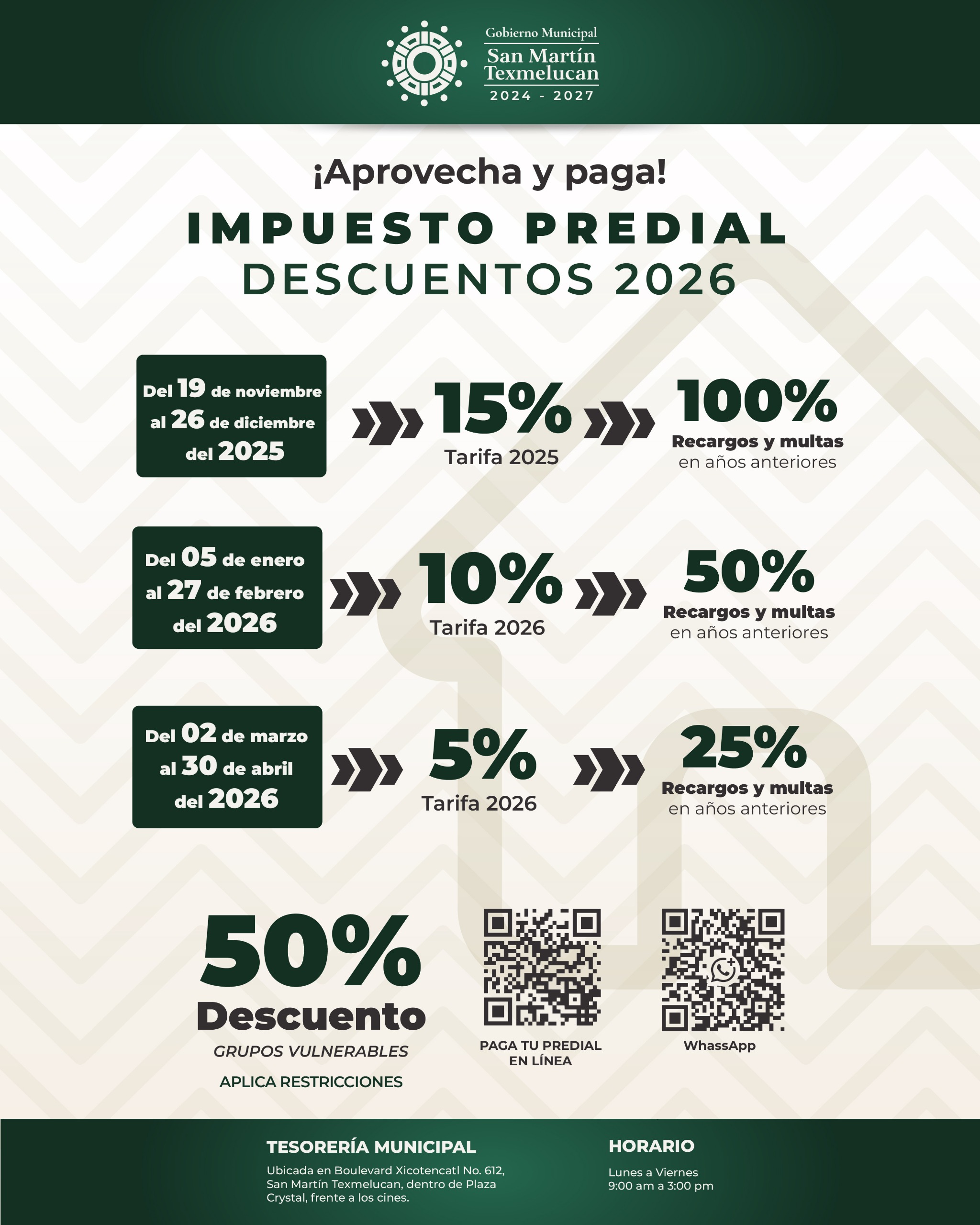 Texmelucan anuncia descuentos y facilidades para el pago anticipado del predial 2026