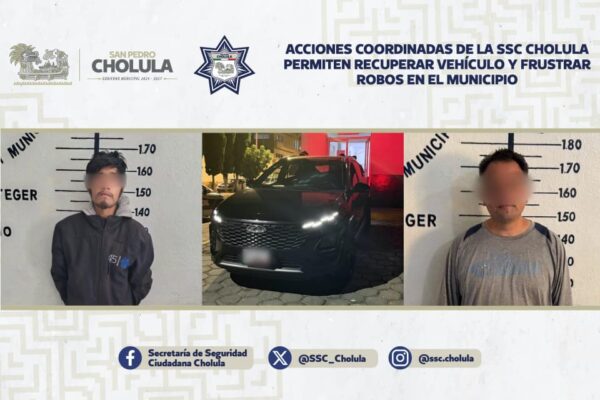 Las acciones recientes de la Secretaría de Seguridad Ciudadana de San Pedro Cholula dieron como resultado la recuperación de un vehículo robado y la detención de dos personas en hechos distintos.