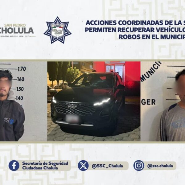 Las acciones recientes de la Secretaría de Seguridad Ciudadana de San Pedro Cholula dieron como resultado la recuperación de un vehículo robado y la detención de dos personas en hechos distintos.