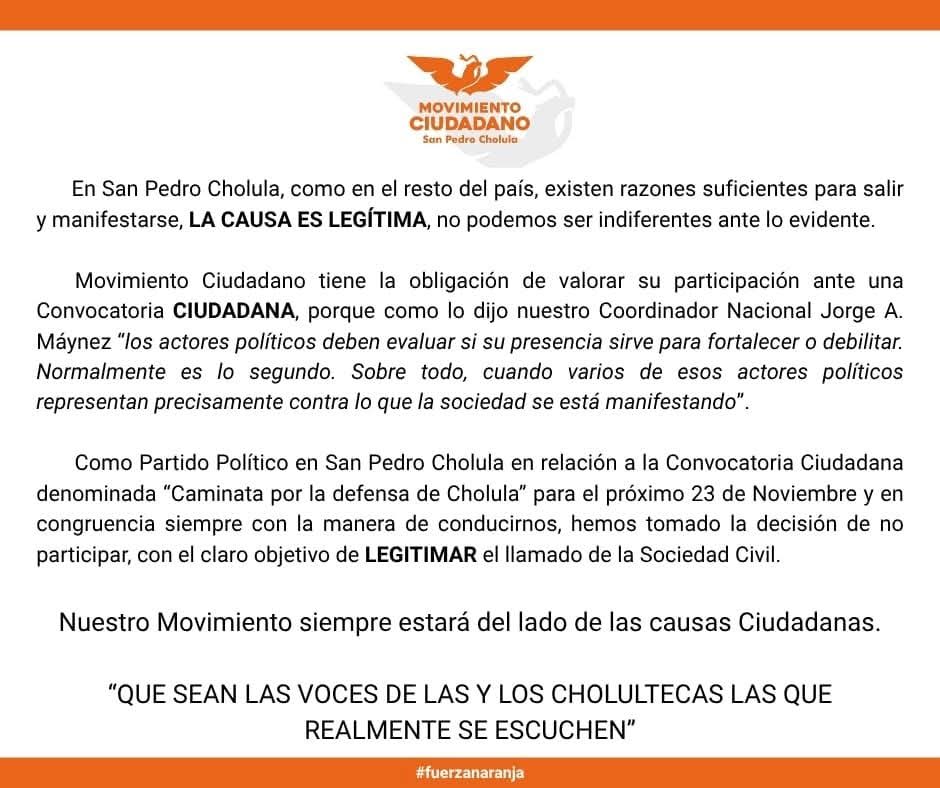 Movimiento Ciudadano se deslinda de la “Caminata por la Defensa de Cholula” para mantener carácter ciudadano