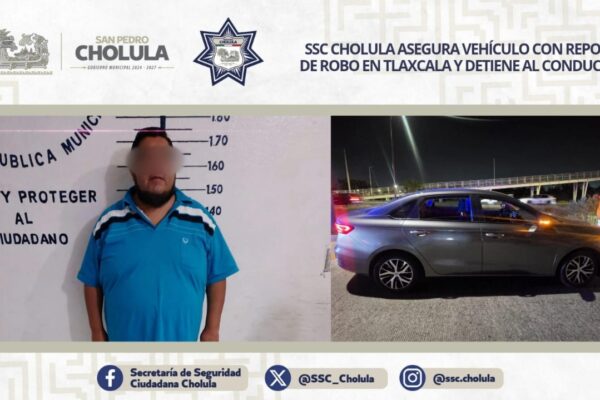 Policías de la SSC Cholula aseguraron un vehículo con predenuncia de robo en Tlaxcala y detuvieron al conductor, tras una movilización coordinada con el C5.