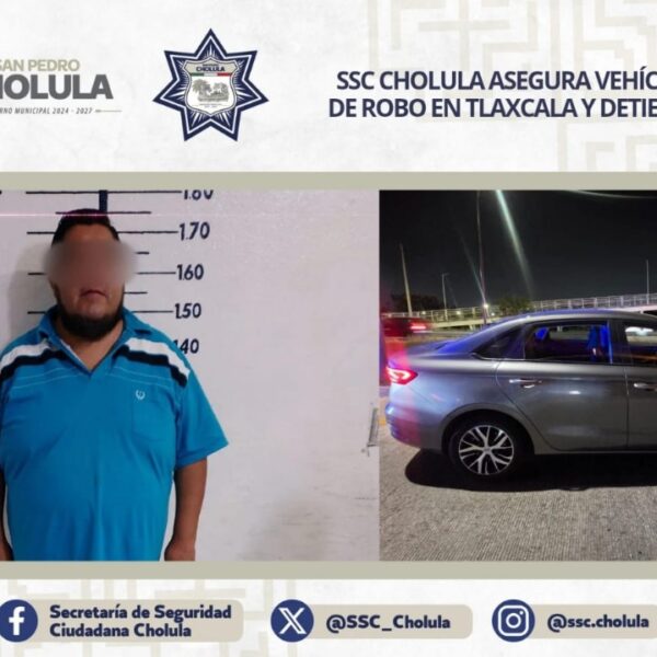 Policías de la SSC Cholula aseguraron un vehículo con predenuncia de robo en Tlaxcala y detuvieron al conductor, tras una movilización coordinada con el C5.