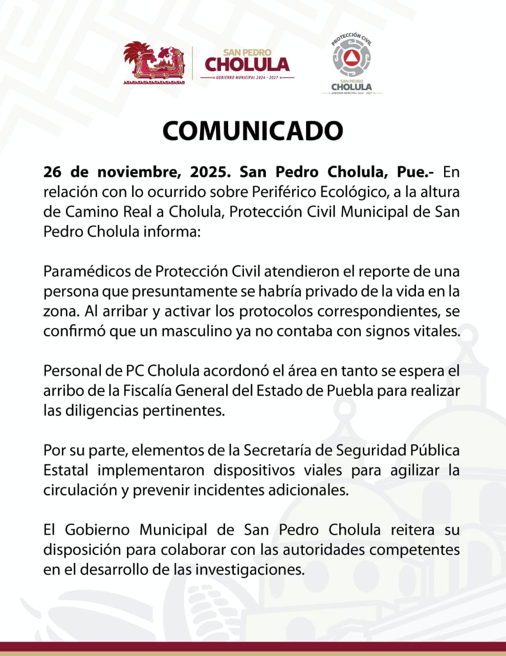 Comunicado emitido por el Gobierno Municipal de San Pedro Cholula.
