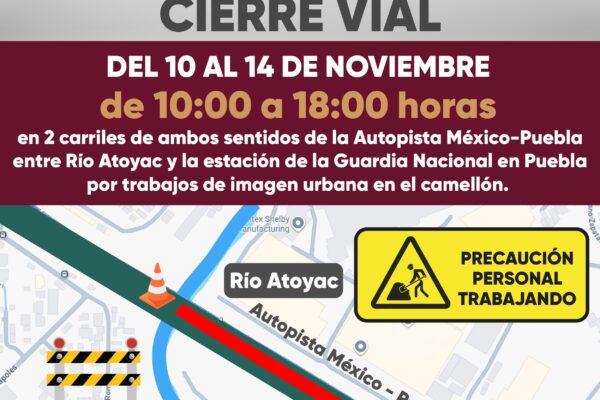 Durante cinco días, dos carriles de la autopista México-Puebla permanecerán cerrados por trabajos de imagen urbana, lo que podría generar tráfico en la zona.