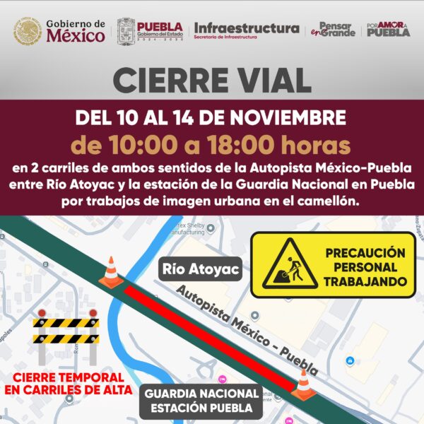 Durante cinco días, dos carriles de la autopista México-Puebla permanecerán cerrados por trabajos de imagen urbana, lo que podría generar tráfico en la zona.