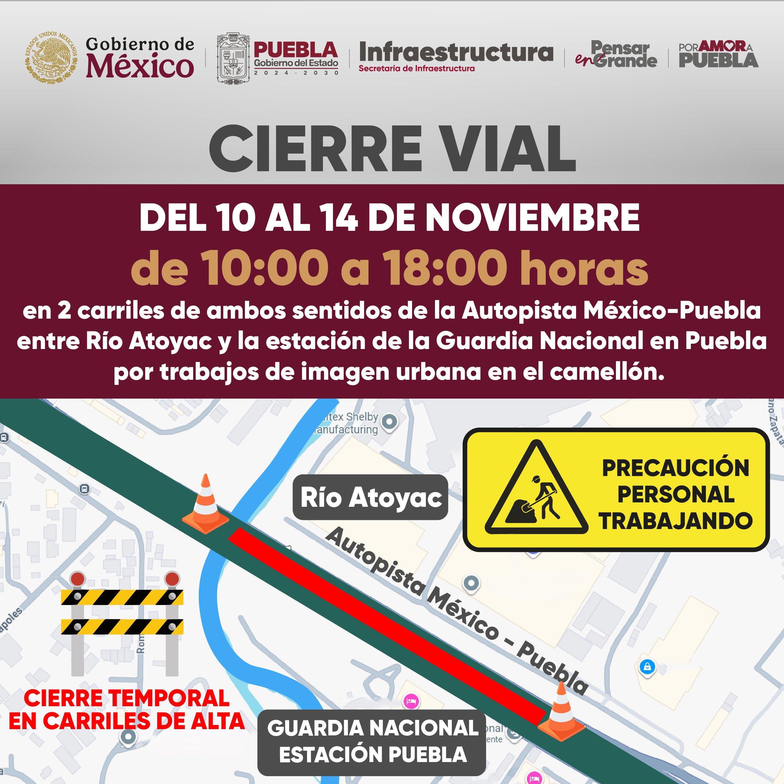 Durante cinco días, dos carriles de la autopista México-Puebla permanecerán cerrados por trabajos de imagen urbana, lo que podría generar tráfico en la zona.