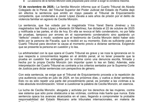 La familia de Cecilia Monzón acusó revictimización tras la decisión de un tribunal de anular la sentencia por violencia familiar contra Javier López Zavala.