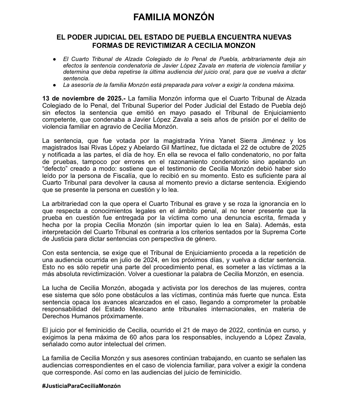 La familia de Cecilia Monzón acusó revictimización tras la decisión de un tribunal de anular la sentencia por violencia familiar contra Javier López Zavala.