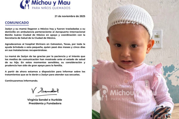 Jazlyn, la bebé que sobrevivió a la explosión en La Concordia, volvió a México tras más de dos meses de atención médica en Texas.